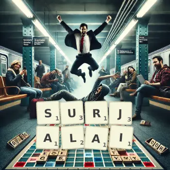 Illustration créative d'un jeu de lettres avec le mot SURJALAI épelé sur le plateau.
