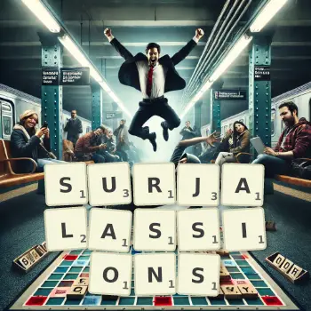 Illustration créative d'un jeu de lettres avec le mot SURJALASSIONS épelé sur le plateau.