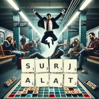 Illustration créative d'un jeu de lettres avec le mot SURJALAT épelé sur le plateau.