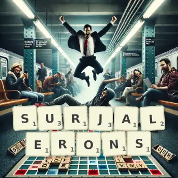 Illustration créative d'un jeu de lettres avec le mot SURJALERONS épelé sur le plateau.