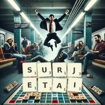 Illustration créative d'un jeu de lettres avec le mot SURJETAI épelé sur le plateau.
