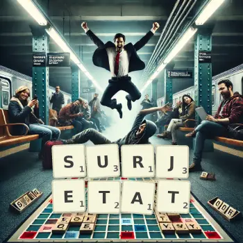 Illustration créative d'un jeu de lettres avec le mot SURJETAT épelé sur le plateau.