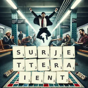 Illustration créative d'un jeu de lettres avec le mot SURJETTERAIENT épelé sur le plateau.