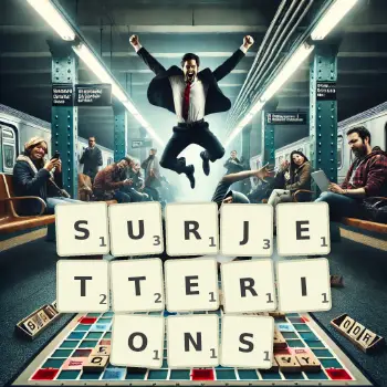 Illustration créative d'un jeu de lettres avec le mot SURJETTERIONS épelé sur le plateau.