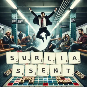 Illustration créative d'un jeu de lettres avec le mot SURLIASSENT épelé sur le plateau.