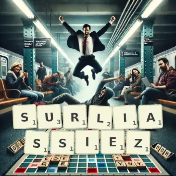 Illustration créative d'un jeu de lettres avec le mot SURLIASSIEZ épelé sur le plateau.
