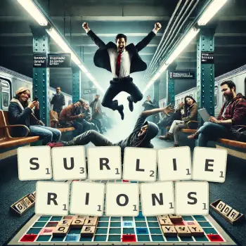 Illustration créative d'un jeu de lettres avec le mot SURLIERIONS épelé sur le plateau.