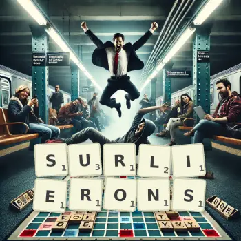 Illustration créative d'un jeu de lettres avec le mot SURLIERONS épelé sur le plateau.