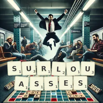 Illustration créative d'un jeu de lettres avec le mot SURLOUASSES épelé sur le plateau.