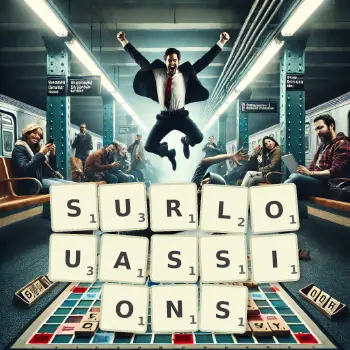 Illustration créative d'un jeu de lettres avec le mot SURLOUASSIONS épelé sur le plateau.
