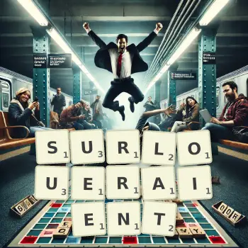 Illustration créative d'un jeu de lettres avec le mot SURLOUERAIENT épelé sur le plateau.