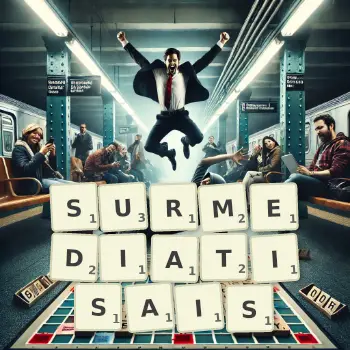 Illustration créative d'un jeu de lettres avec le mot SURMEDIATISAIS épelé sur le plateau.