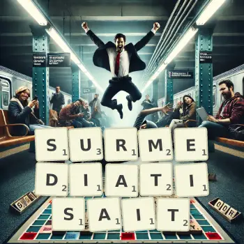 Illustration créative d'un jeu de lettres avec le mot SURMEDIATISAIT épelé sur le plateau.