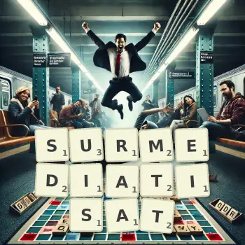 Illustration créative d'un jeu de lettres avec le mot SURMEDIATISAT épelé sur le plateau.