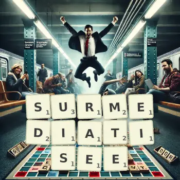 Illustration créative d'un jeu de lettres avec le mot SURMEDIATISEE épelé sur le plateau.