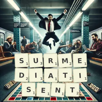 Illustration créative d'un jeu de lettres avec le mot SURMEDIATISENT épelé sur le plateau.