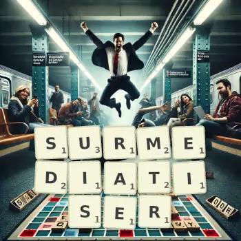 Illustration créative d'un jeu de lettres avec le mot SURMEDIATISER épelé sur le plateau.