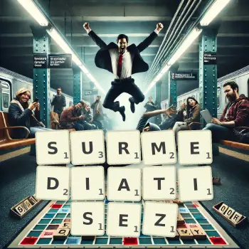 Illustration créative d'un jeu de lettres avec le mot SURMEDIATISEZ épelé sur le plateau.