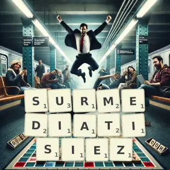 Illustration créative d'un jeu de lettres avec le mot SURMEDIATISIEZ épelé sur le plateau.