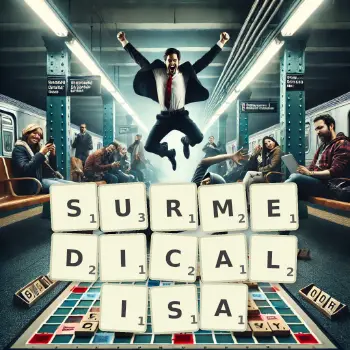 Illustration créative d'un jeu de lettres avec le mot SURMEDICALISA épelé sur le plateau.