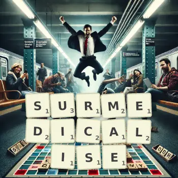 Illustration créative d'un jeu de lettres avec le mot SURMEDICALISE épelé sur le plateau.