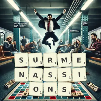 Illustration créative d'un jeu de lettres avec le mot SURMENASSIONS épelé sur le plateau.
