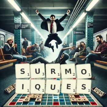 Illustration créative d'un jeu de lettres avec le mot SURMOIQUES épelé sur le plateau.