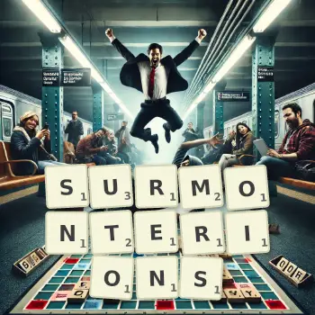 Illustration créative d'un jeu de lettres avec le mot SURMONTERIONS épelé sur le plateau.