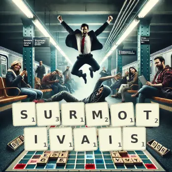 Illustration créative d'un jeu de lettres avec le mot SURMOTIVAIS épelé sur le plateau.