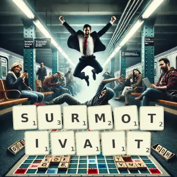 Illustration créative d'un jeu de lettres avec le mot SURMOTIVAIT épelé sur le plateau.