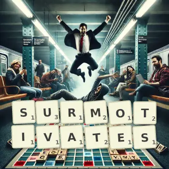 Illustration créative d'un jeu de lettres avec le mot SURMOTIVATES épelé sur le plateau.