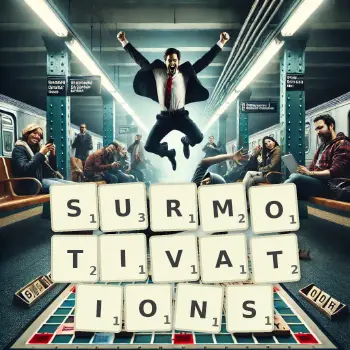 Illustration créative d'un jeu de lettres avec le mot SURMOTIVATIONS épelé sur le plateau.