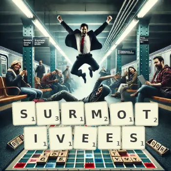 Illustration créative d'un jeu de lettres avec le mot SURMOTIVEES épelé sur le plateau.