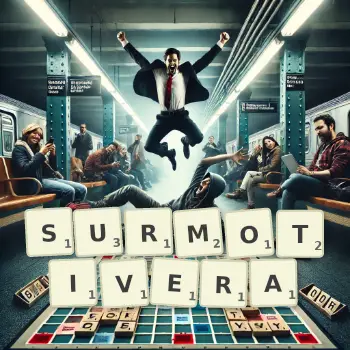 Illustration créative d'un jeu de lettres avec le mot SURMOTIVERA épelé sur le plateau.