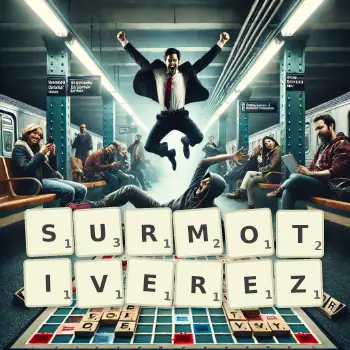 Illustration créative d'un jeu de lettres avec le mot SURMOTIVEREZ épelé sur le plateau.