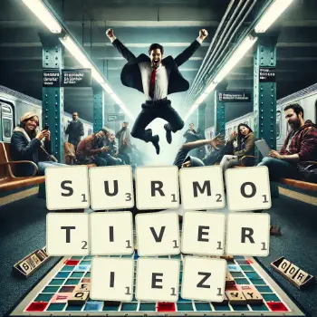 Illustration créative d'un jeu de lettres avec le mot SURMOTIVERIEZ épelé sur le plateau.