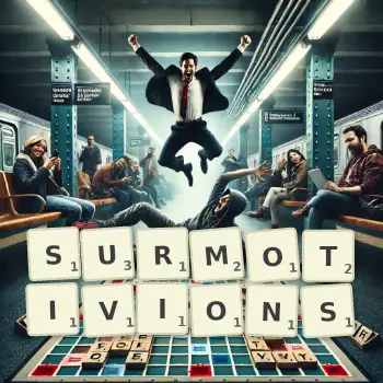 Illustration créative d'un jeu de lettres avec le mot SURMOTIVIONS épelé sur le plateau.