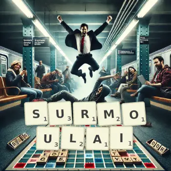 Illustration créative d'un jeu de lettres avec le mot SURMOULAI épelé sur le plateau.