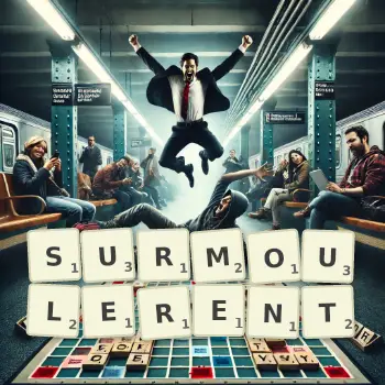 Illustration créative d'un jeu de lettres avec le mot SURMOULERENT épelé sur le plateau.