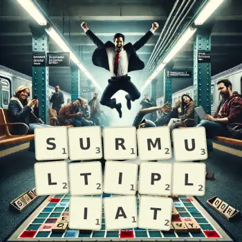 Illustration créative d'un jeu de lettres avec le mot SURMULTIPLIAT épelé sur le plateau.