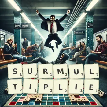 Illustration créative d'un jeu de lettres avec le mot SURMULTIPLIE épelé sur le plateau.