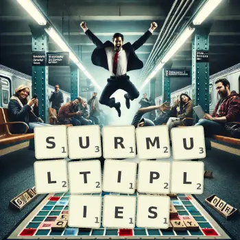 Illustration créative d'un jeu de lettres avec le mot SURMULTIPLIES épelé sur le plateau.