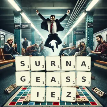 Illustration créative d'un jeu de lettres avec le mot SURNAGEASSIEZ épelé sur le plateau.