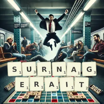 Illustration créative d'un jeu de lettres avec le mot SURNAGERAIT épelé sur le plateau.