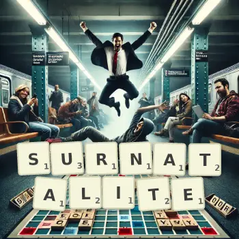 Illustration créative d'un jeu de lettres avec le mot SURNATALITE épelé sur le plateau.