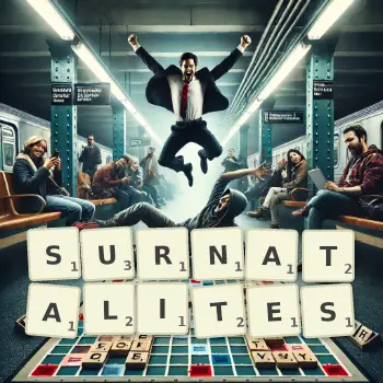 Illustration créative d'un jeu de lettres avec le mot SURNATALITES épelé sur le plateau.