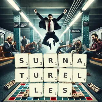 Illustration créative d'un jeu de lettres avec le mot SURNATURELLES épelé sur le plateau.