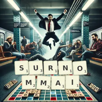 Illustration créative d'un jeu de lettres avec le mot SURNOMMAI épelé sur le plateau.