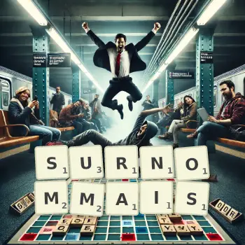 Illustration créative d'un jeu de lettres avec le mot SURNOMMAIS épelé sur le plateau.