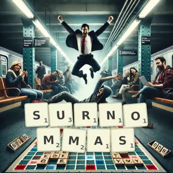 Illustration créative d'un jeu de lettres avec le mot SURNOMMAS épelé sur le plateau.